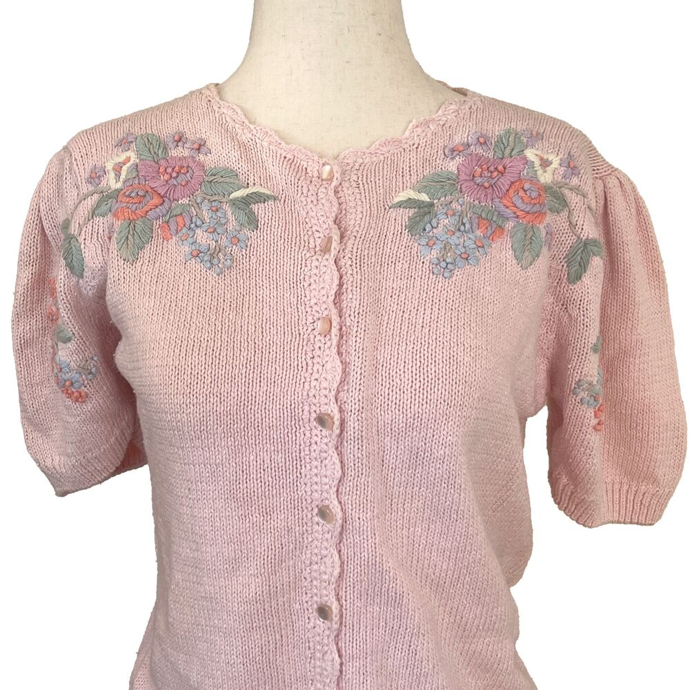 Vintage 1990s Coral Bay Petites Embroidered Knit Cardigan – Cottagecore Floral